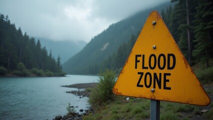 Yellow FLOOD ZONE warning sign by river under dark clouds