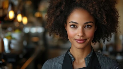 Obraz premium This young woman with beautiful curly hair greets customers with a warm smile as she works at a bustling café, creating a welcoming atmosphere in the afternoon rush