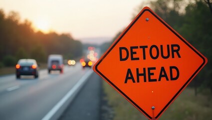 Vibrant orange DETOUR AHEAD sign on rural highway with roadwork