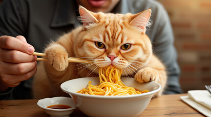 Cute Cat Eating Ramen with Chopsticks – Fun and Adorable Animal Stock Photo for Food, Pet, and Asian Cuisine Lovers