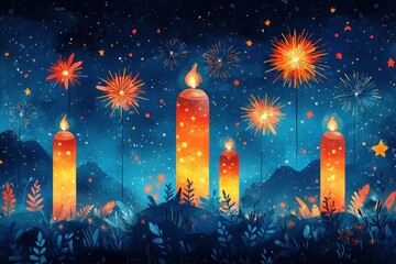 A serene night scene with glowing candles and vibrant fireworks against a starry backdrop.