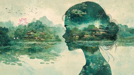 Double Exposure of Woman's Silhouette with Serene Nature Scene Featuring Lotus, Trees, and Tranquil Water