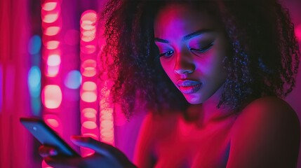 Fototapeta premium In an intimate indoor environment, a young woman gazes thoughtfully at her phone, illuminated by striking pink and blue neon lights, creating a captivating atmosphere