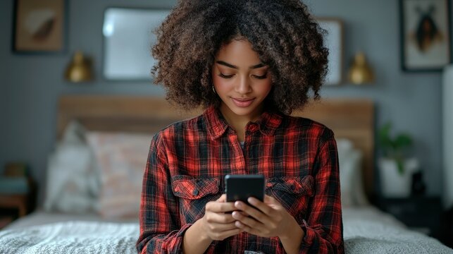 A young woman with curly hair sits on a bed in a stylish bedroom, focused on her smartphone, absorbed in her activity during the morning hours, creating a relaxed atmosphere - Powered by Adobe