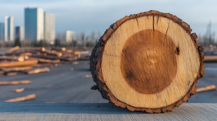 Deforestation Impact  Tree Stump with Cityscape Background