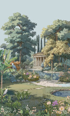 Ancient Greek garden with Parthenon in the distance landscape illustration © MdSayeed