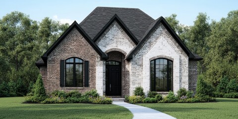 Obraz premium Modern Brick House with Black Windows and Front Yard Real Estate Architecture