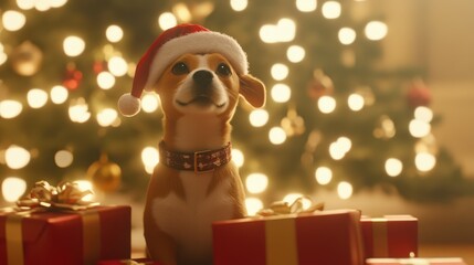 cute dog wearing santa hat surrounded by christmas presents and lights