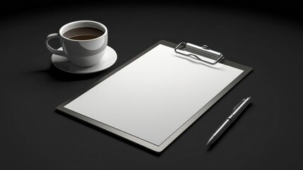 A blank sheet of paper on a clipboard with a pen next to a cup of coffee on a black background.