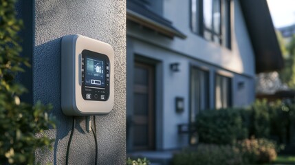 A close-up of an advanced smart meter on the side of a residential home, displaying real-time energy consumption data on a digital screen.