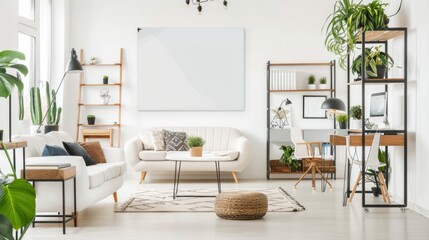 Fototapeta premium A modernist workspace-inspired living room design boasting a white canvas backdrop, Enhanced with sleek office furniture and minimalist décor, Office chic style
