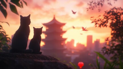 silhouette of two cats watching the sunset over an asian-style pagoda