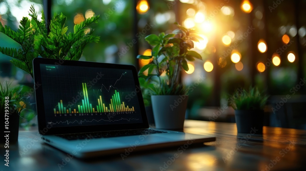 Poster laptop with data analysis in green lights