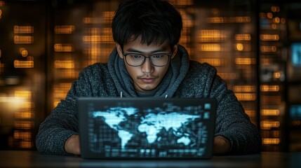 A young man intently examines global data displayed on his laptop while seated in a dark room, surrounded by glowing digital screens, late at night