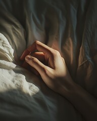A close-up of a person's hand gripping a bedsheet tightly, with soft light and shadows emphasizing the intensity of the moment,
