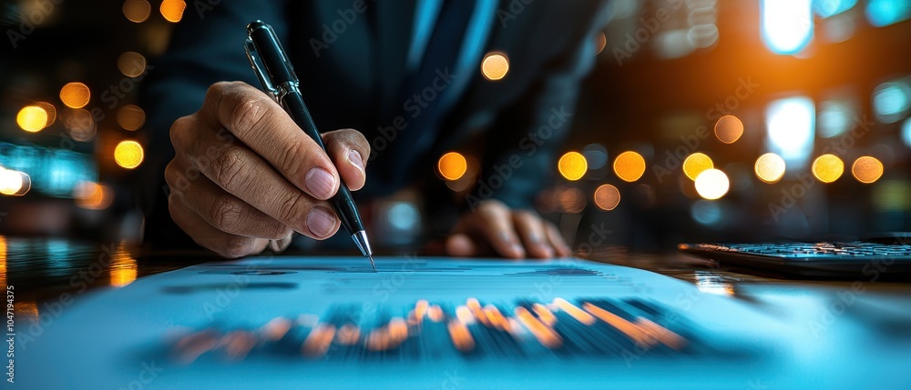 Poster person analyzing data with graphs and charts