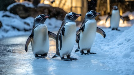 Fototapeta premium Penguins Waddle Across Ice in Zoo Environment