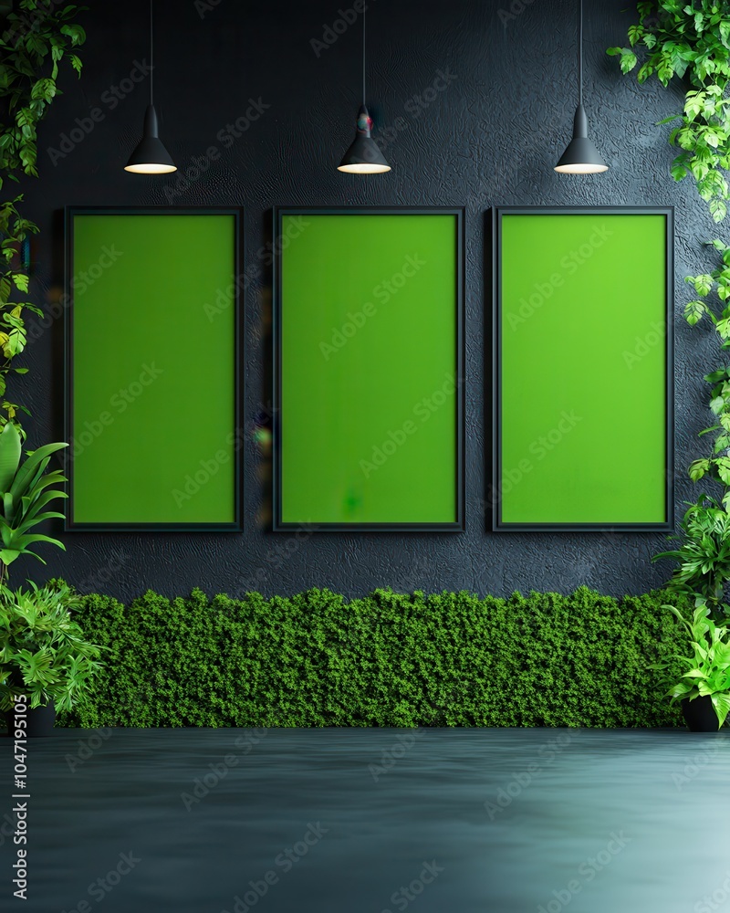 Poster three empty frames on a green wall.