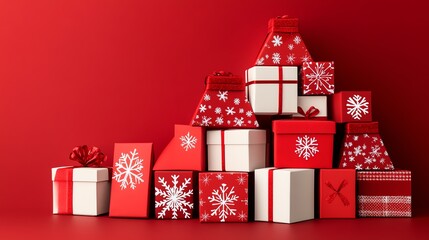 Christmas gifts stacked, red background