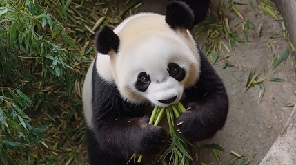 Fototapeta premium Panda Enjoying Bamboo at the Zoo