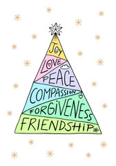Colorful christmas tree with good wishes: Joy, Love, Peace, Compassion, Forgiveness and Friendship. Vertical greeting card.