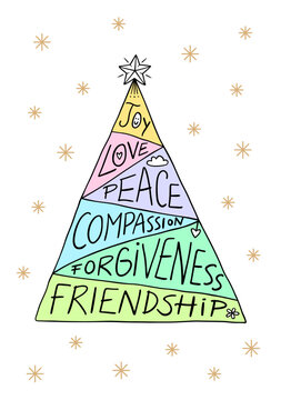 Colorful christmas tree with good wishes: Joy, Love, Peace, Compassion, Forgiveness and Friendship. Vertical greeting card.