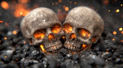 Fototapeta premium Burning Skulls in Embers Dark Fantasy Halloween 3D Render Fire Mystery Supernatura
