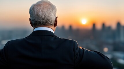 Businessman Looking at City Skyline Sunset   Success  Ambition  Future