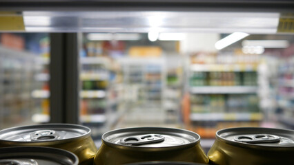 Close-up of beer cans inside of a supermarket fridge