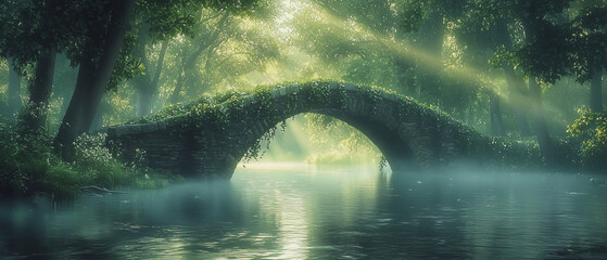 An old stone bridge arching over a mist-covered river, with ivy cascading from the sides, bathed in early morning light.