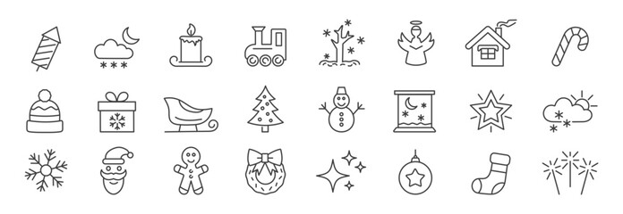 Winter icons set. Christmas holiday and New Year line icons. Snowflake, tree, santa claus, snowman, ginger cookie. Vector