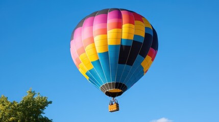 Fototapeta premium Colorful Hot Air Balloon Soaring in a Clear Blue Sky