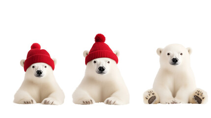 Fototapeta premium 3 playful polar bears with winter accessories isolated on a white background