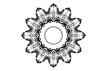 Black and white mandala featuring central circle with radiating geometric patterns for spiritual symbolism
