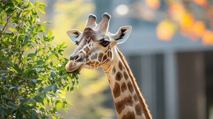 Obraz premium Giraffe Stretching to Reach Green Leaves