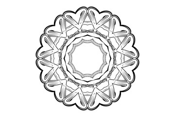 Intricate black and white mandala with sun or moon focal point, surrounded by concentric geometric patterns
