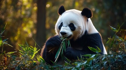 Obraz premium Visitors Enjoy Pandas Eating Bamboo in the Zoo