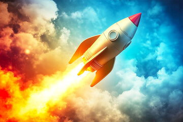 An Ai generative image of 3D toy rocket with smoke on blue background.