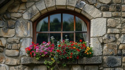 Fototapeta premium Stone Wall with Arched Window and Colorful Flowers