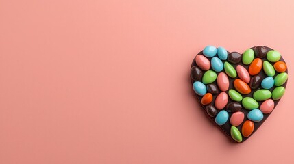 Obraz premium A heart-shaped chocolate bar filled with colorful candy pieces on a pink background.