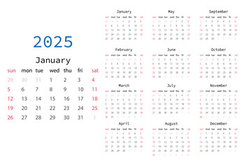 Calendar 2025 year. The week starts on Sunday.