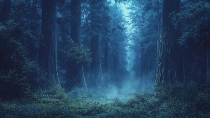 Obraz premium A peaceful morning in an ancient redwood forest, thick mist between towering trees, creating a mystical and serene ambiance.