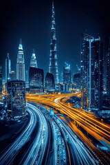 Night view of skyscrapers and traffic movement