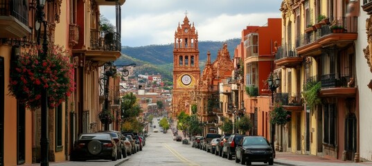 Street With Cars And Traditional Houses Of The City Of Zacatecas, Mexico With Clear Sky.