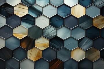 A mosaic of hexagonal tiles in various shades of blue and gold, creating a modern design.