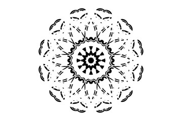 Geometric mandala design with a central star figure and radiating petal patterns in a monochromatic color scheme
