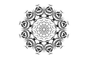 Symmetrical black and white mandala with sunburst center and intricate patterns on a plain white background
