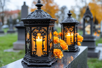 Obraz premium Candles in decorative lanterns on graves, close-up.
