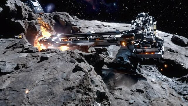 Futuristic spacecraft engaged in asteroid mining, extracting valuable resources in deep space