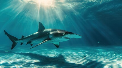 Obraz premium A Hammerhead Shark Swims Through Sunlit Underwater Depths